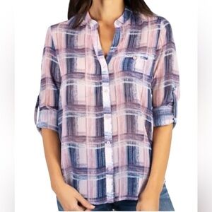 Kut from the Kloth Jasmine Chiffon Sheer Roll Tab Sleeve Blouse Medium Pink Blue